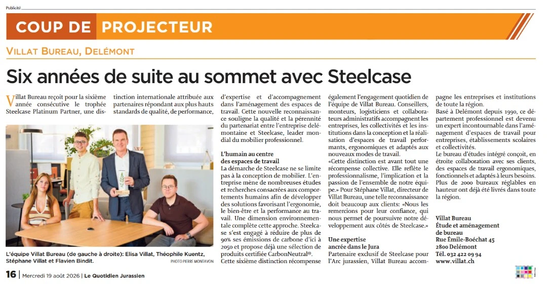 Villat Bureau : six années de suite au sommet avec Steelcase