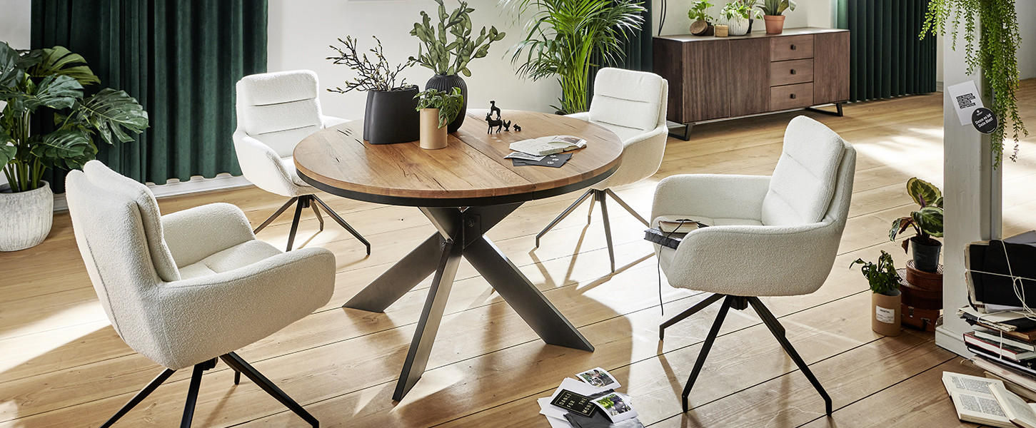 Table ronde Nottingham en chêne massif avec piètement métal